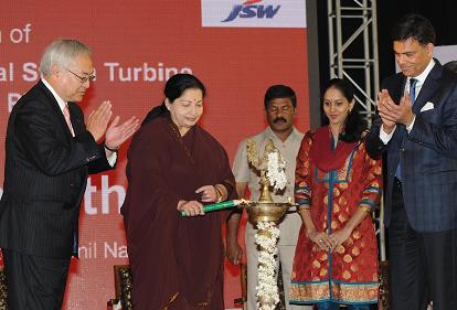 The Hon'ble Chief Minister of Tamil Nadu Selvi J. Jayalalitha is seen lighting the traditional lamp during the inauguration of Toshiba JSW Plant in Manali, Chennai The Hon'ble Chief Minister of Tamil Nadu Selvi J. Jayalalitha is seen lighting the traditional lamp during the inauguration of Toshiba JSW Plant in Manali, Chennai